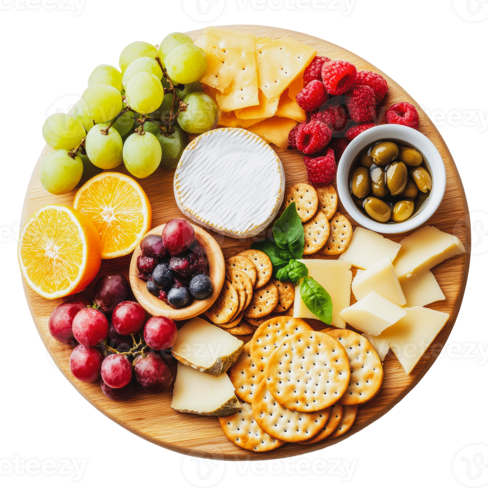 A vibrant cheese platter featuring assorted fruits, crackers, and cheeses arranged on a wooden board for an afternoon picnic png