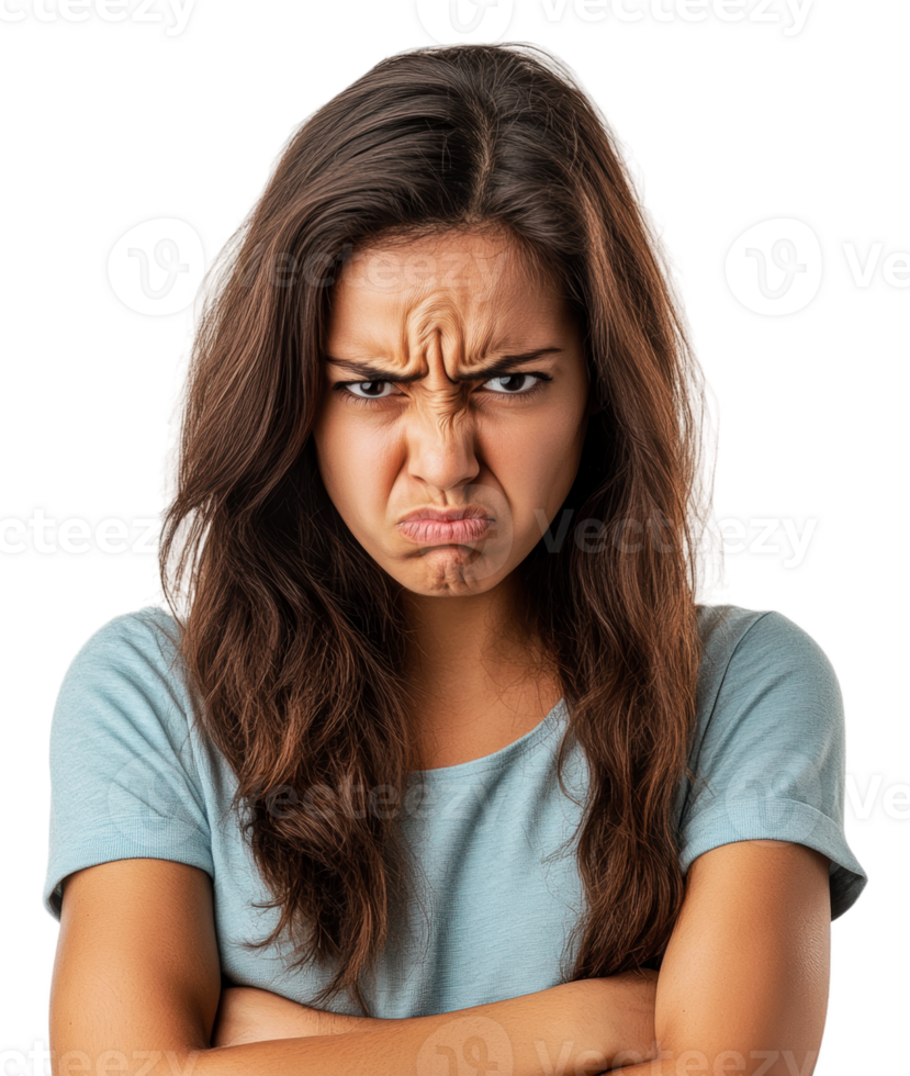 Young woman displaying anger with folded arms, cut out - stock . png