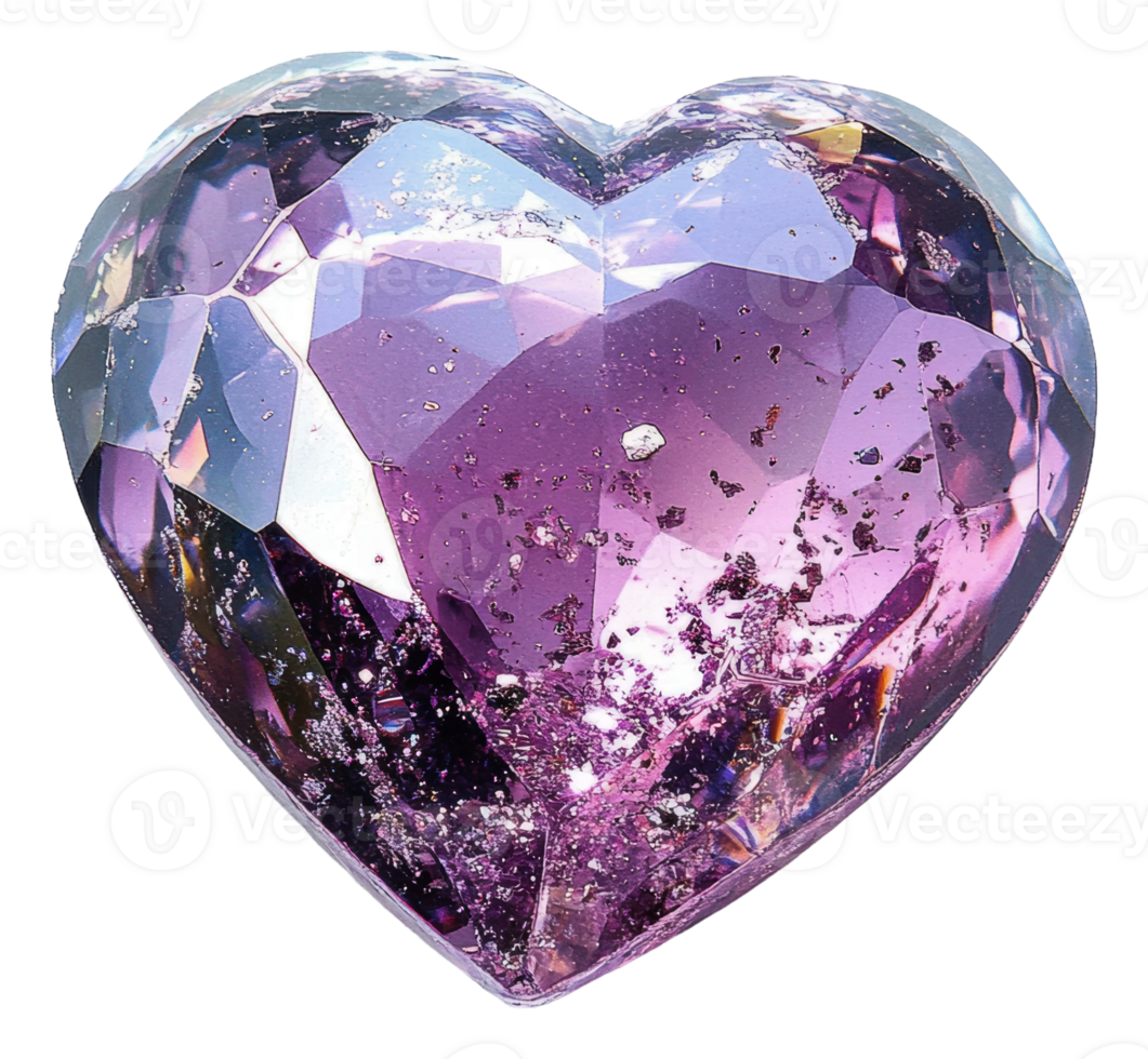 Sparkling purple heart-shaped crystal on display, cut out - stock . png
