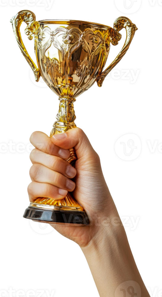 Hand holding a golden trophy in triumph, cut out - stock . png