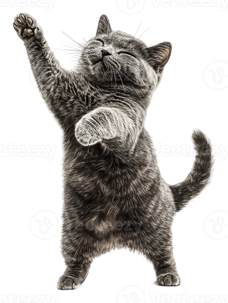 Playful gray cat dancing on its hind legs, cut out - stock . png