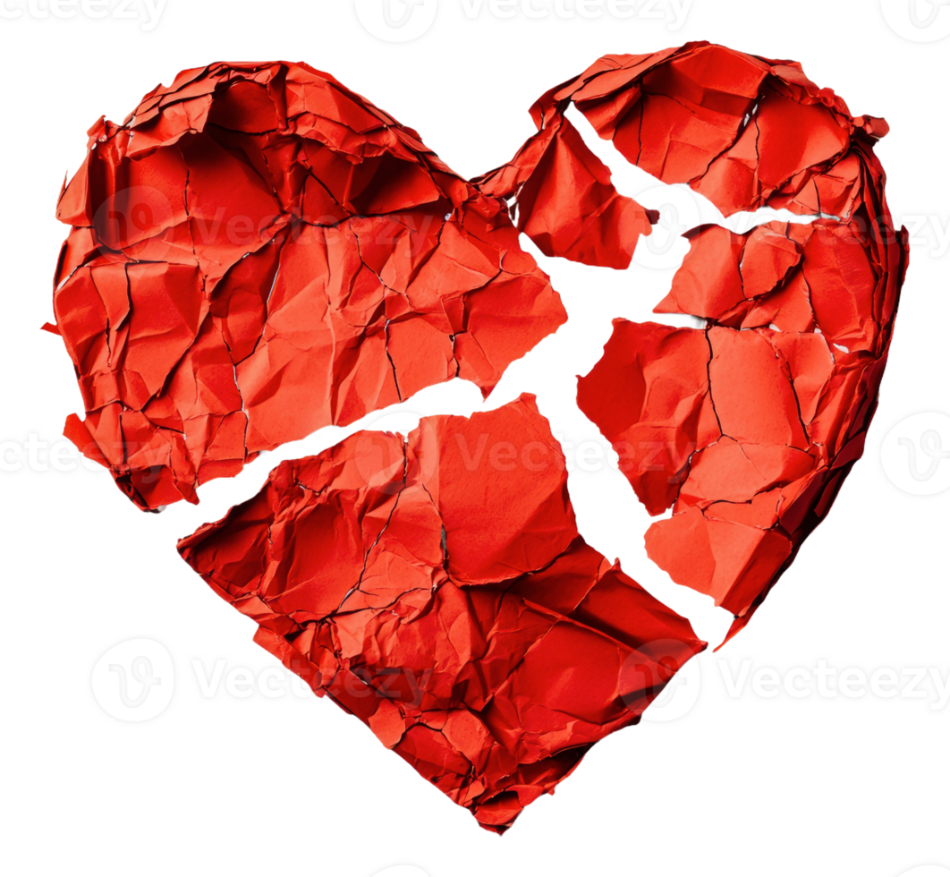 Crumpled red heart symbolizing heartbreak, cut out - stock . png