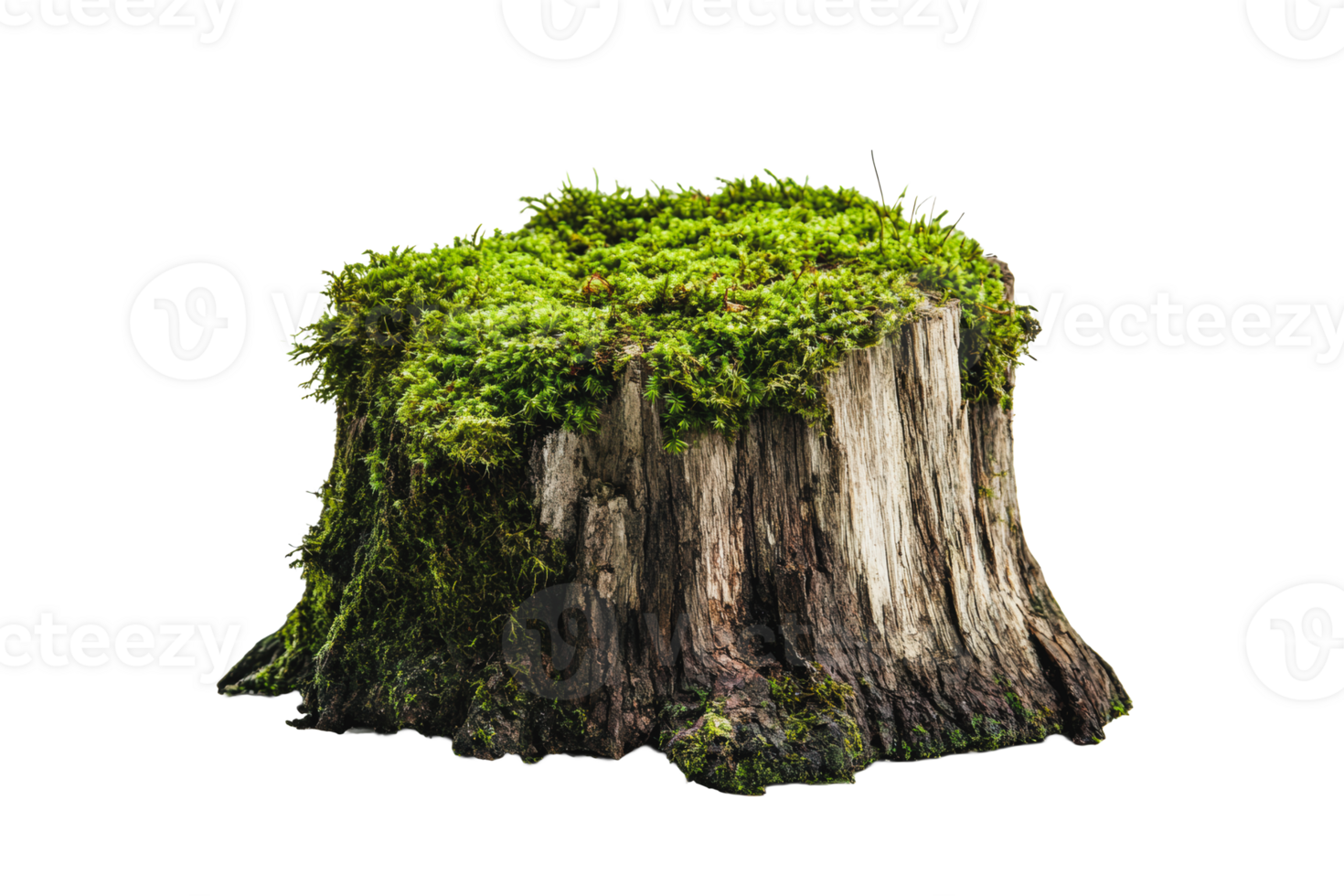 Moss-covered tree stump with rich texture and vibrant greenery png