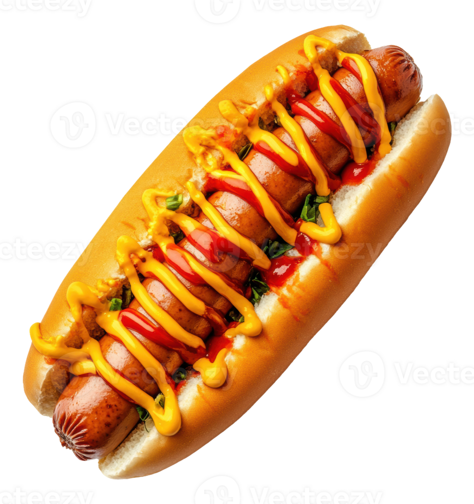 Delicious hot dog with mustard and ketchup, cut out - stock . png