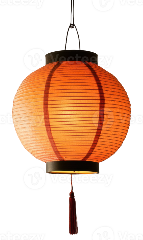 Hanging orange lantern with black accents indoors, cut out - stock . png