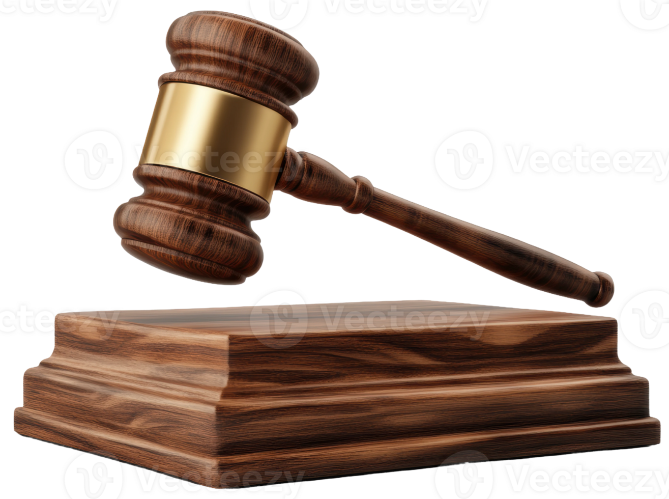 Gavel resting on wooden block in a courtroom, cut out - stock . png