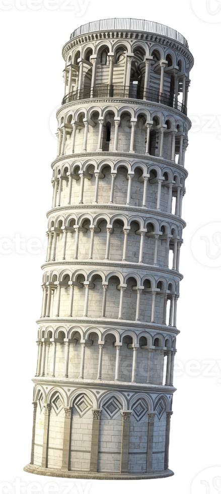 Leaning tower of Pisa under bright morning sky, cut out - stock . png