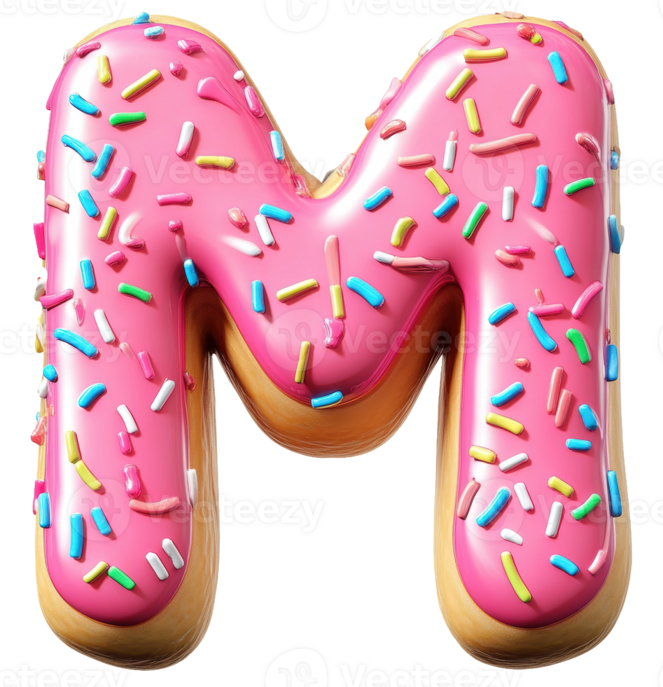 Giant pink doughnut letter M with sprinkles, cut out - stock . png