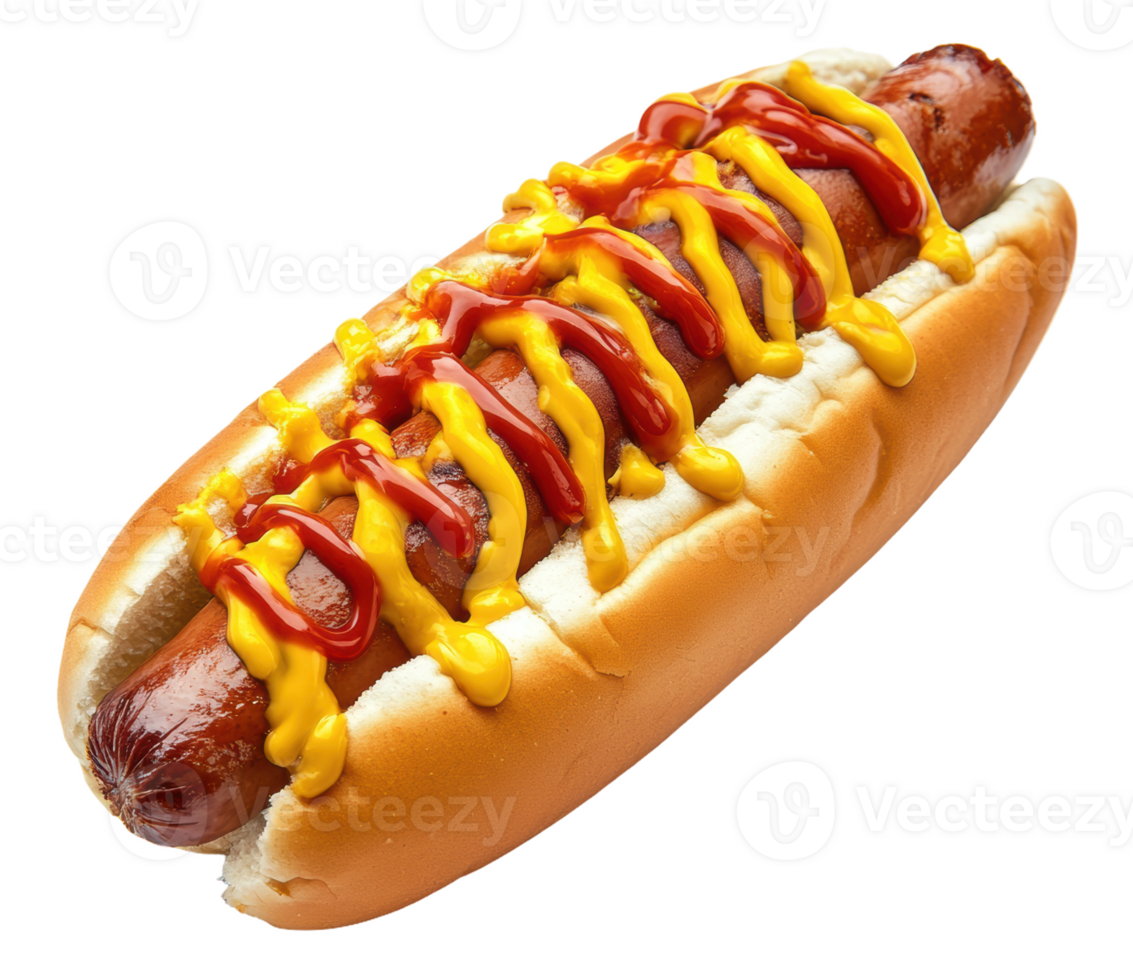 Hot dog with mustard and ketchup on a bun, cut out - stock . png