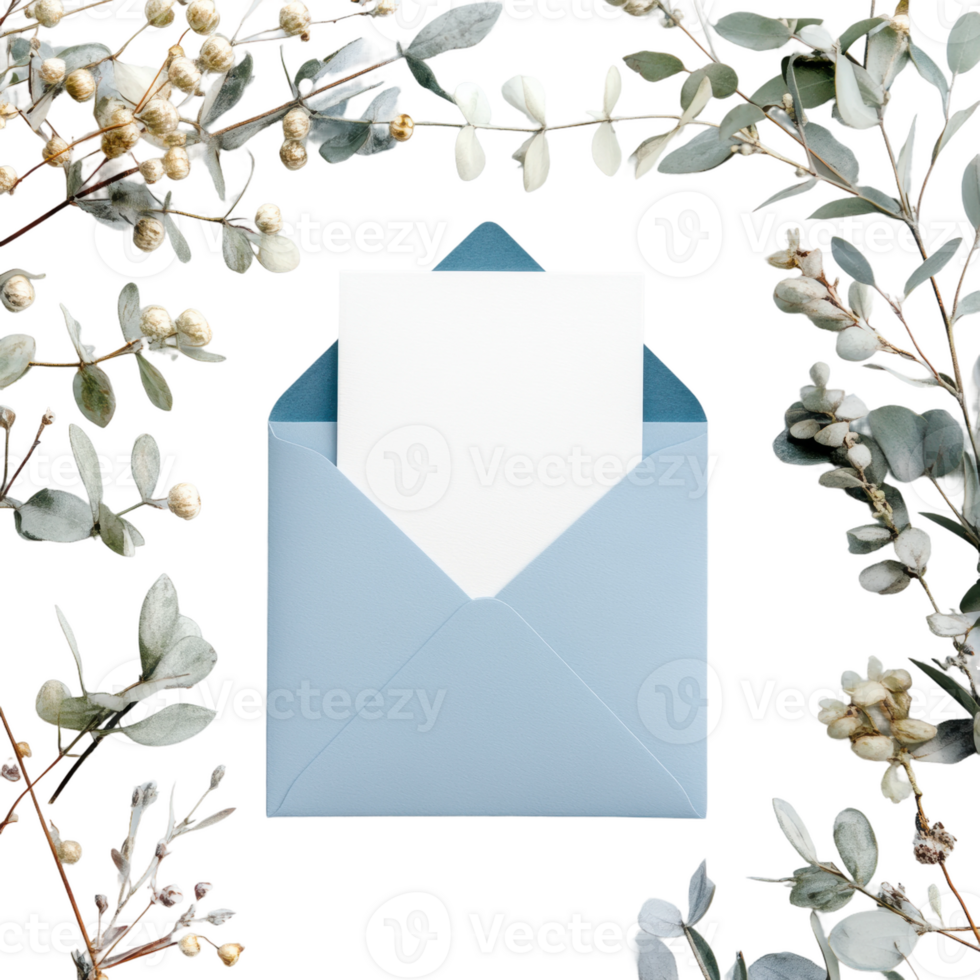 Blue envelope with paper in foliage, cut out - stock . png