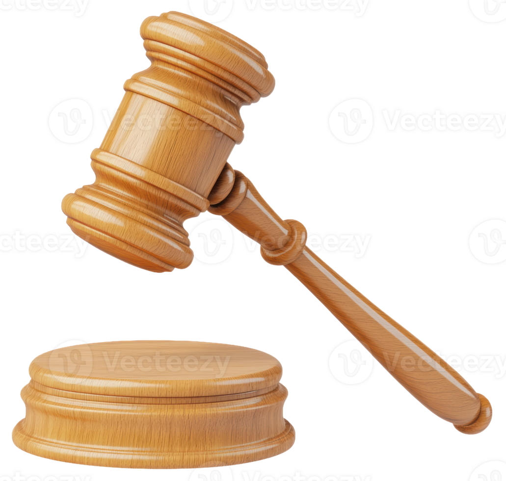 Wooden gavel on a block during court session, cut out - stock . png