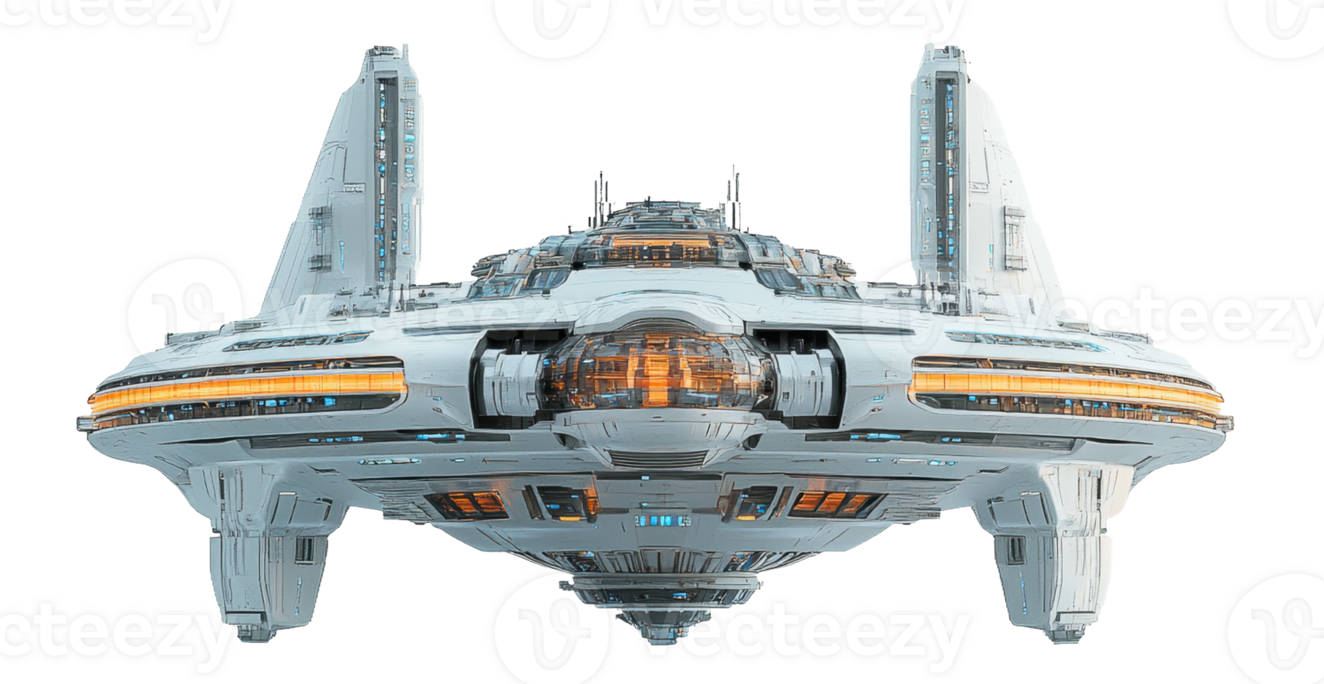 A futuristic spaceship design in flight, cut out - stock . png