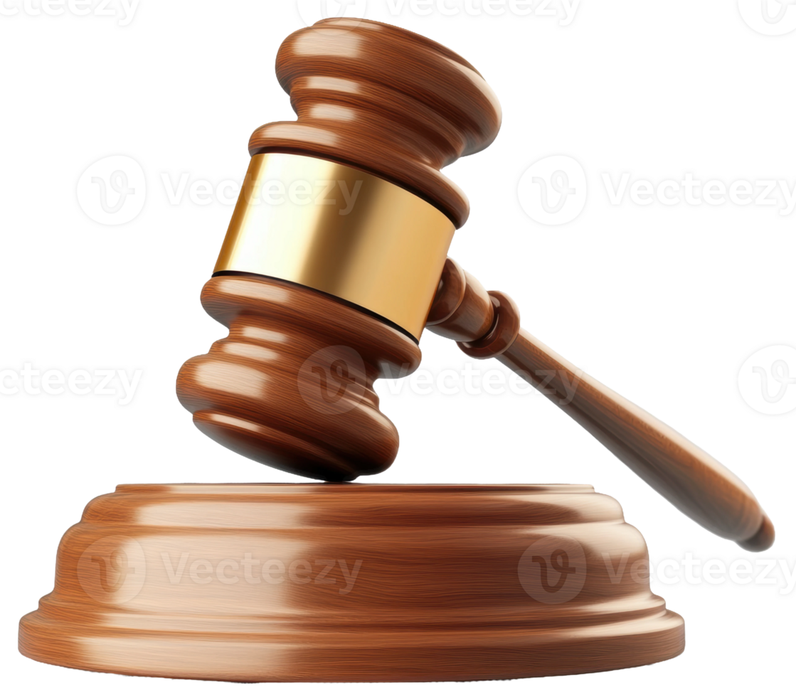 Gavel resting on a wooden sound block, cut out - stock . png