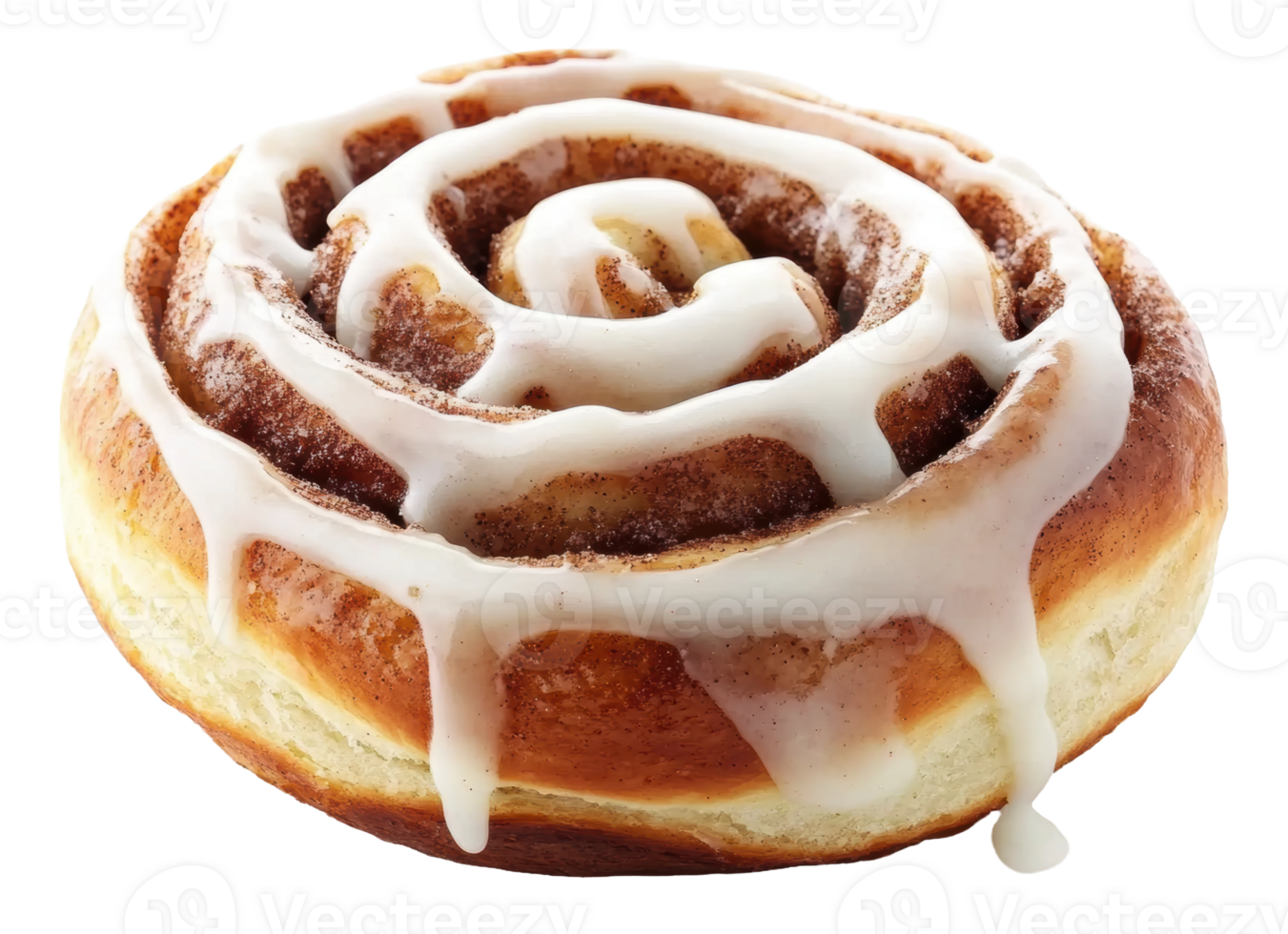 Freshly baked cinnamon roll drizzled with icing, cut out - stock . png