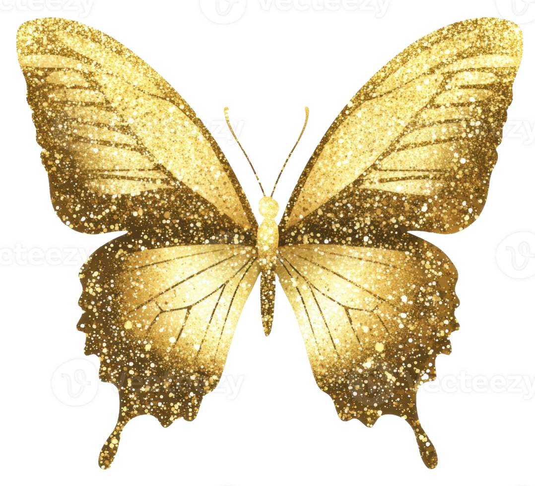 Glittery patterns on golden butterfly, cut out - stock . png