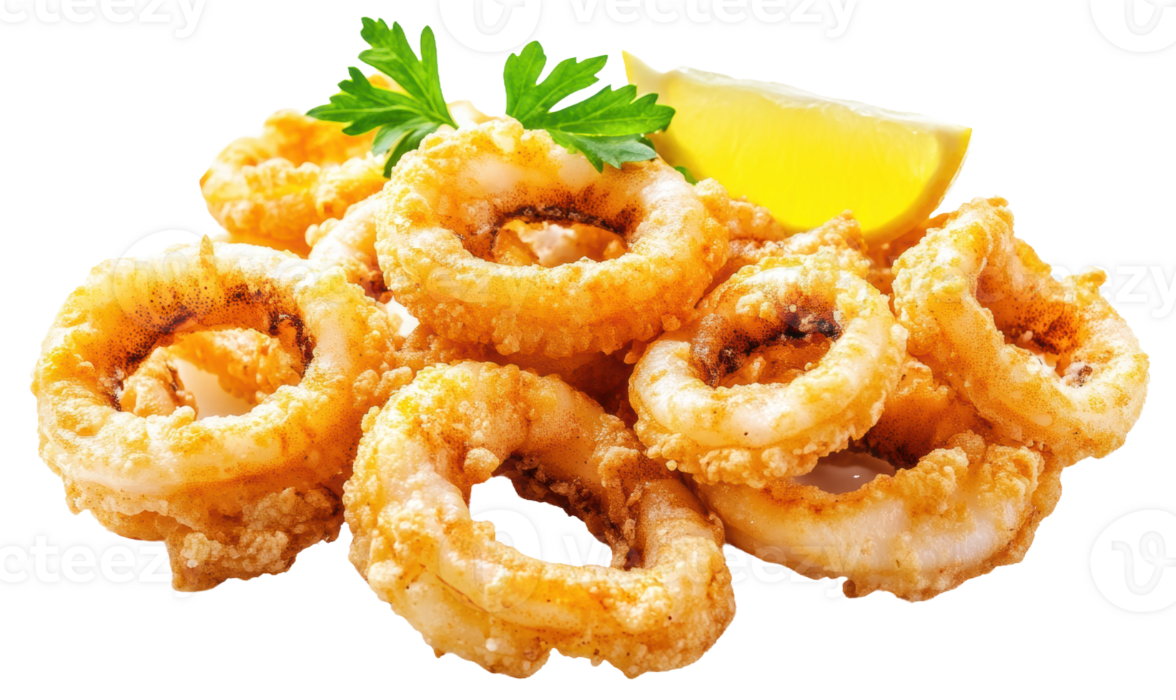 Crispy fried calamari with lemon wedge and parsley, cut out - stock . png