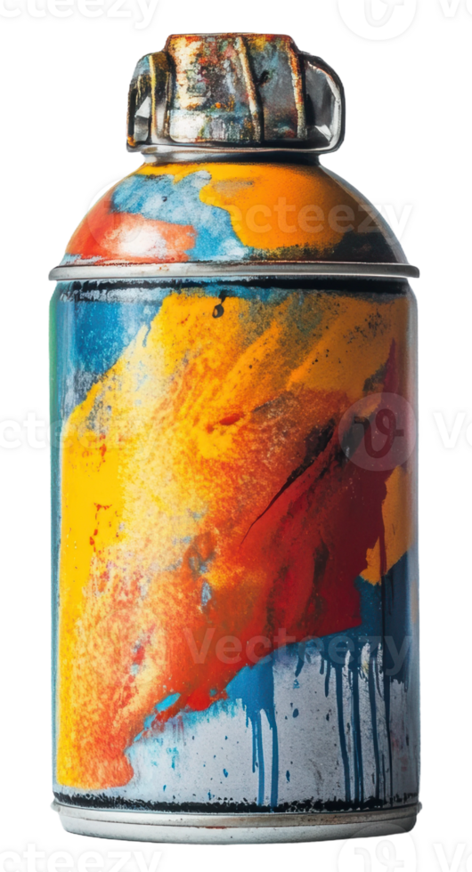 Colorful spray paint can with dripped paint design, cut out - stock . png