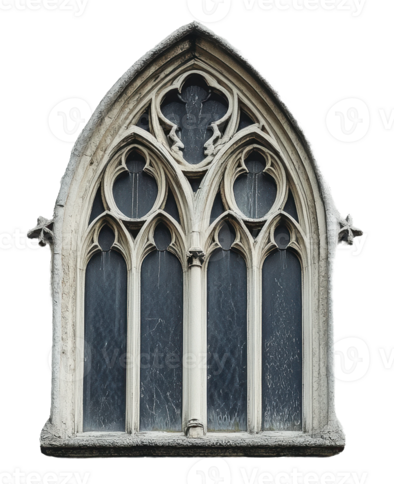 Gothic arched window with intricate stonework, cut out - stock . png