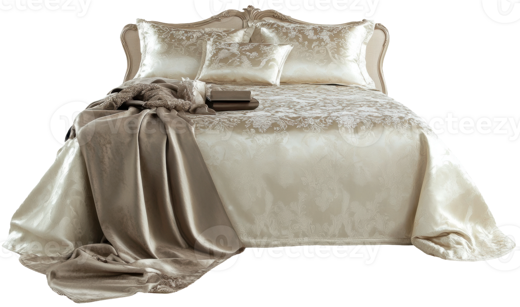 Elegant bedroom setting with luxurious bedding, cut out - stock . png