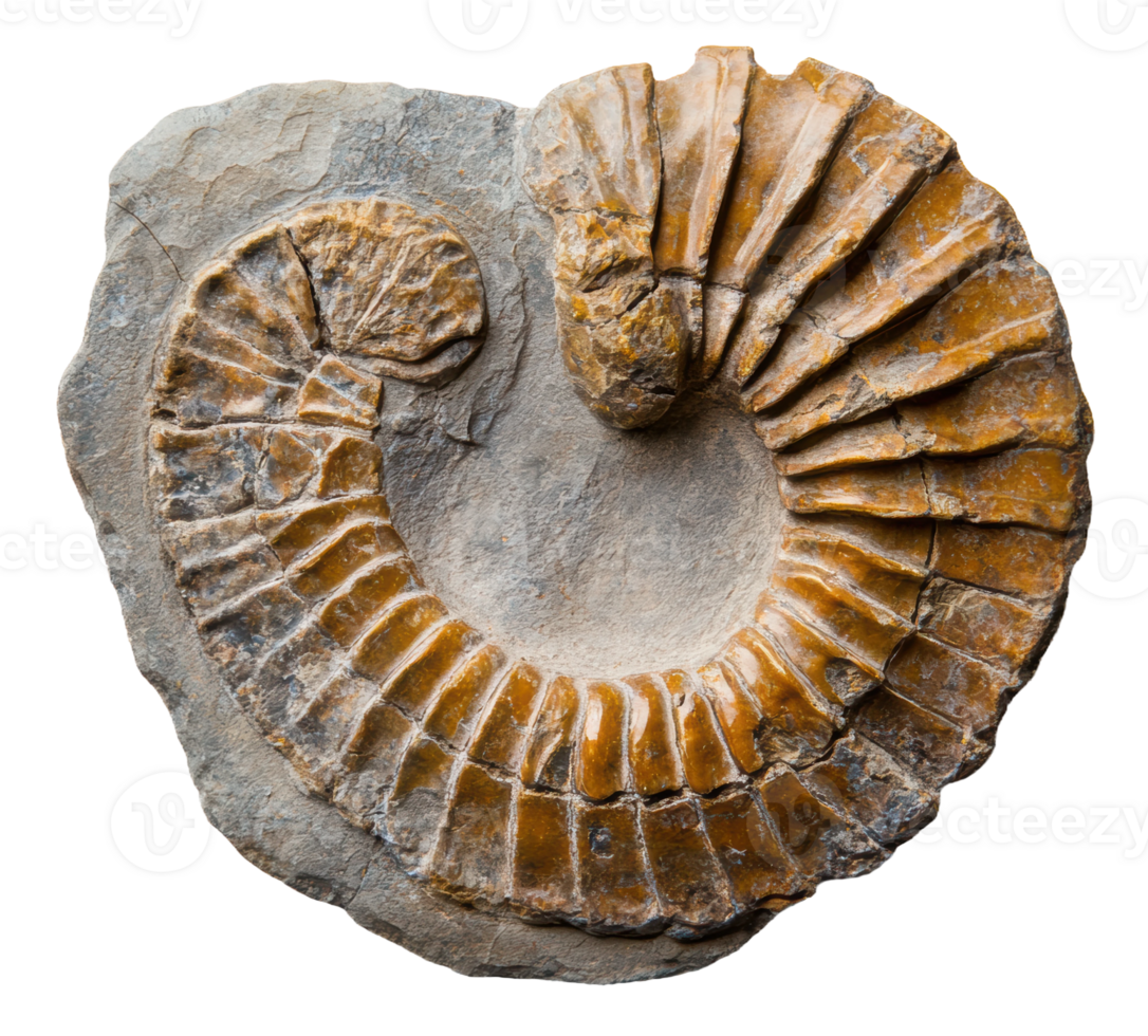 Ammonite fossil displayed on stone surface, cut out - stock . png