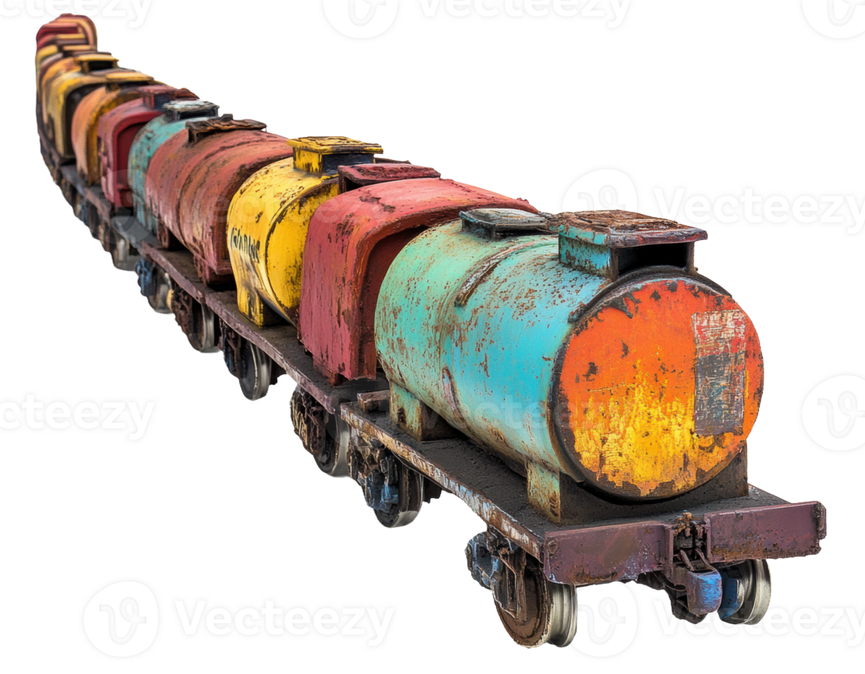 Colorful vintage train cars on a track, cut out - stock . png