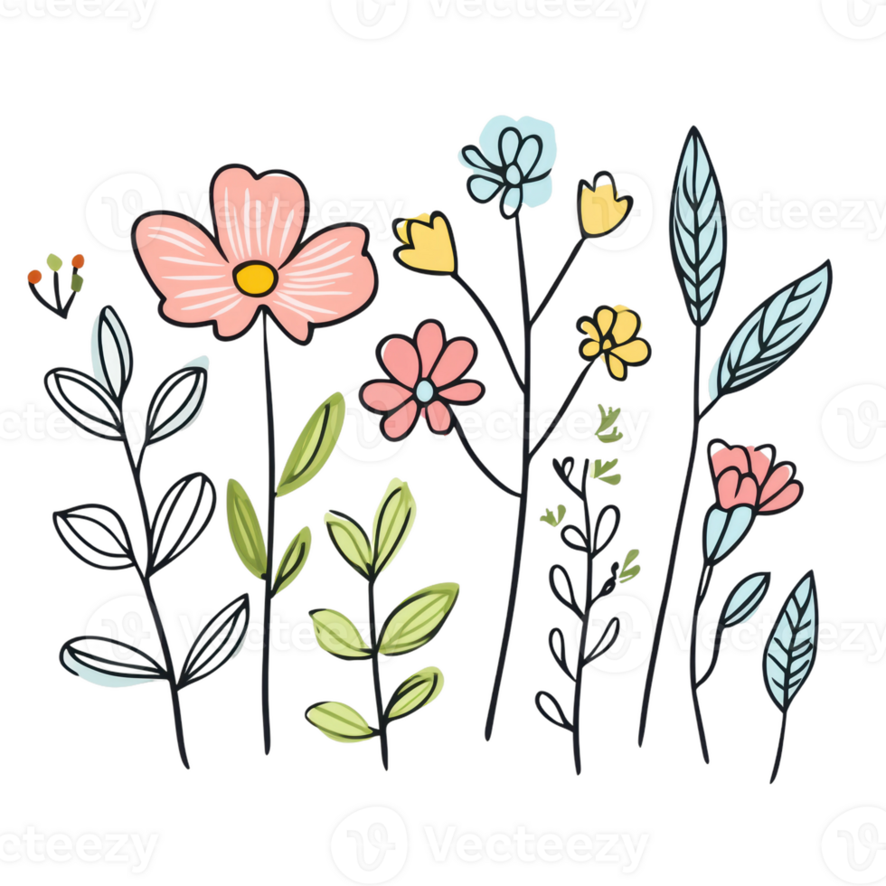 A colorful arrangement of hand-drawn flowers and leaves in a whimsical style, cut out - stock . png