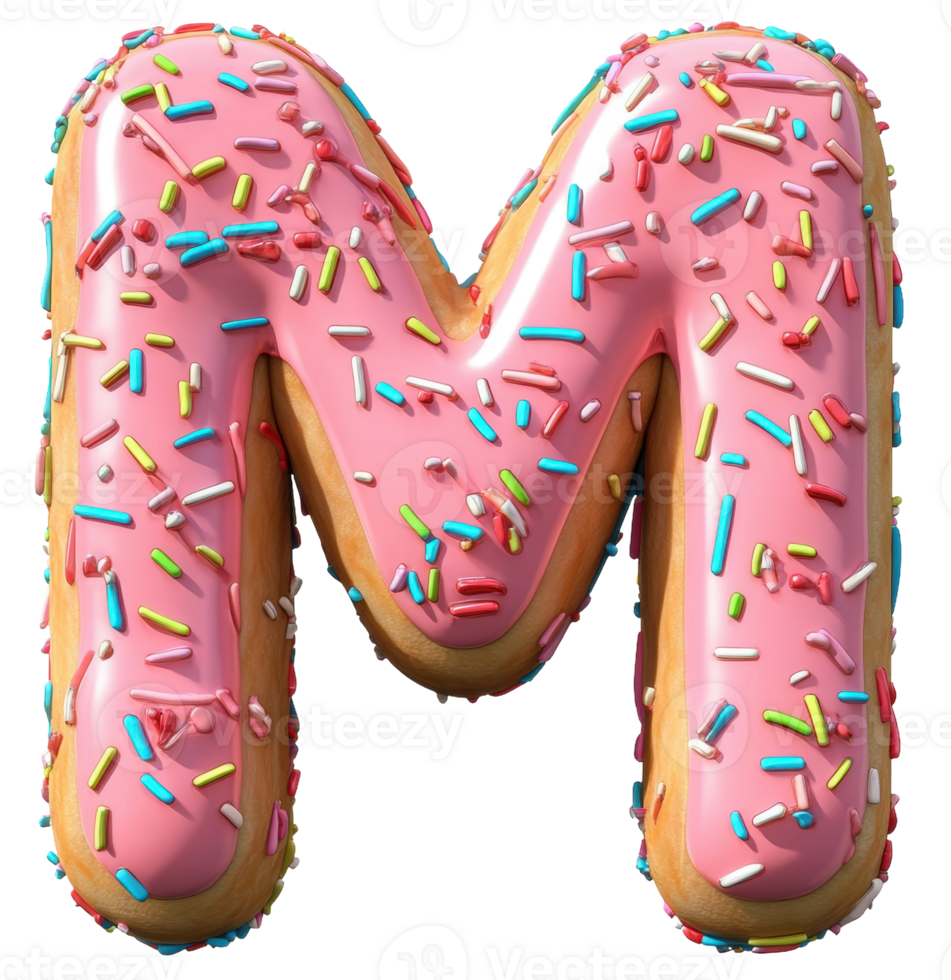 Giant pink donut letter M with sprinkles, cut out - stock . png
