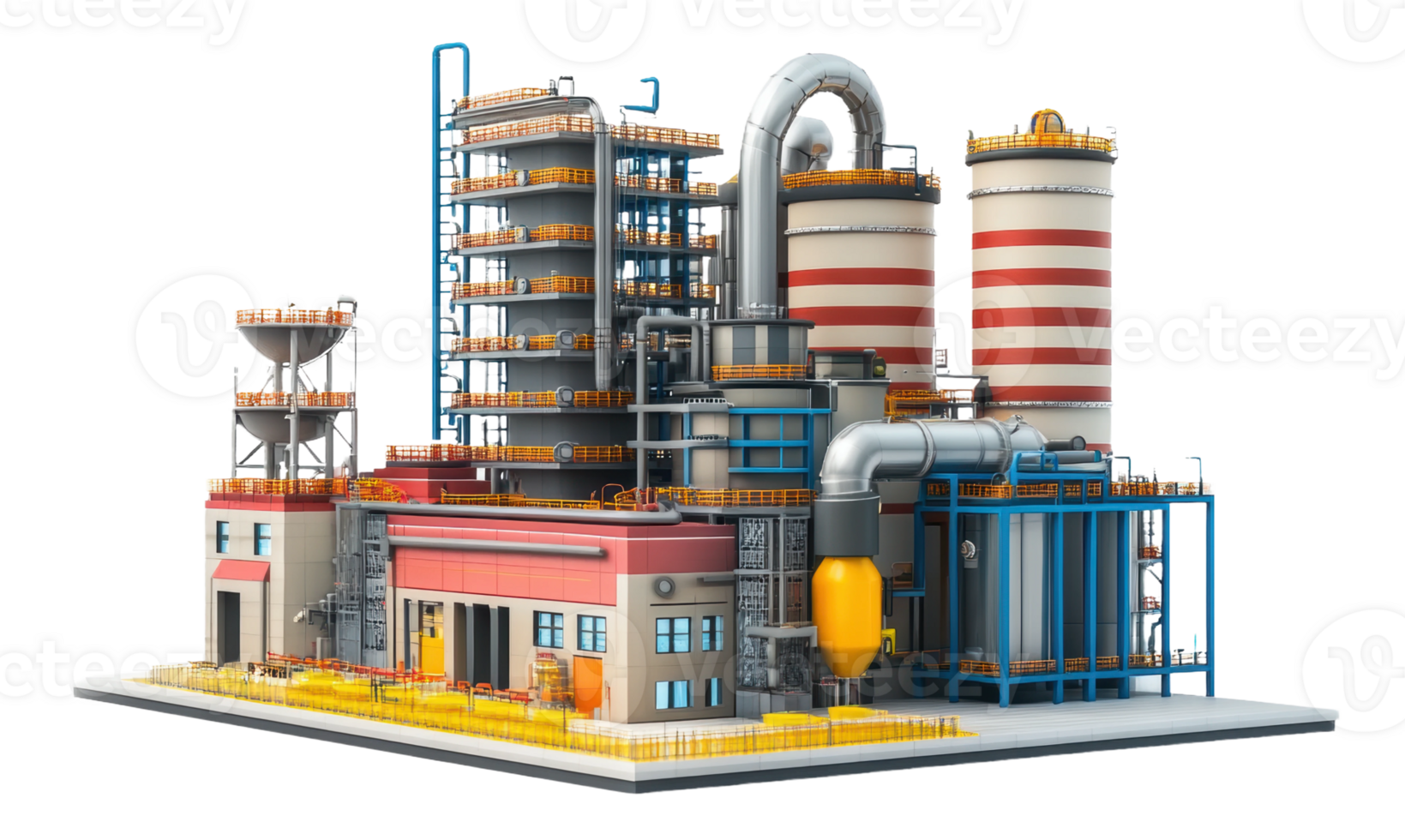 Industrial manufacturing facility with towers, silos, and piping surrounded by safety barriers during daylight, cut out - stock . png