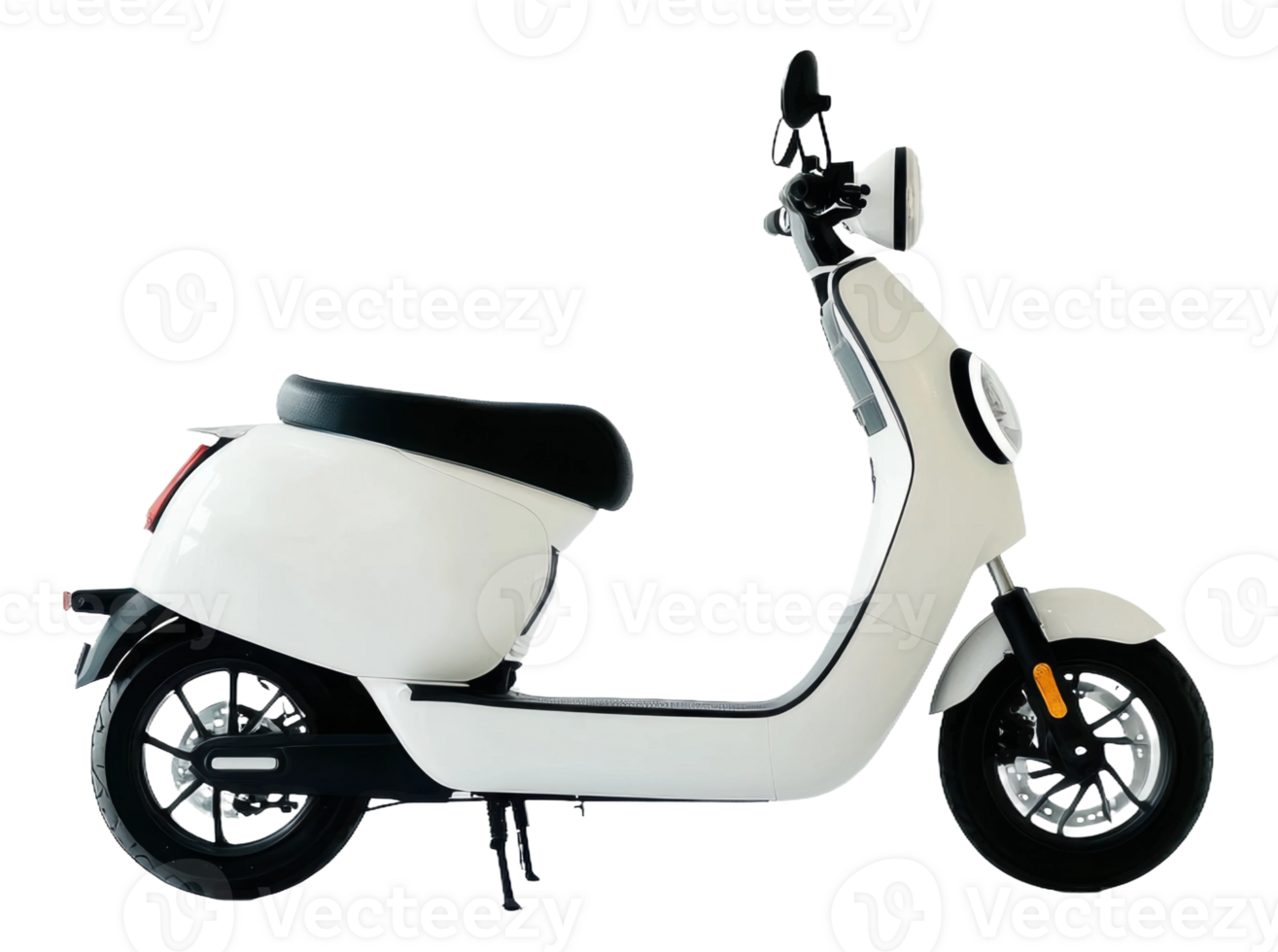 White electric scooter parked on a flat surface, showcasing a modern design and compact size suitable for urban commuting, cut out - stock . png