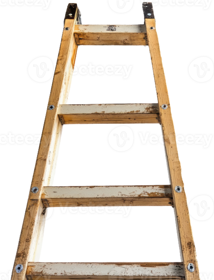 A weathered wooden ladder leaning in a construction setting during daylight, cut out - stock . png