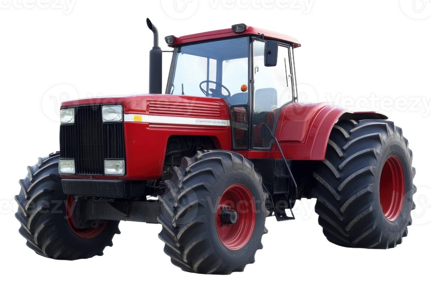 Red agricultural tractor parked on a farm with large tires during daylight, cut out - stock . png