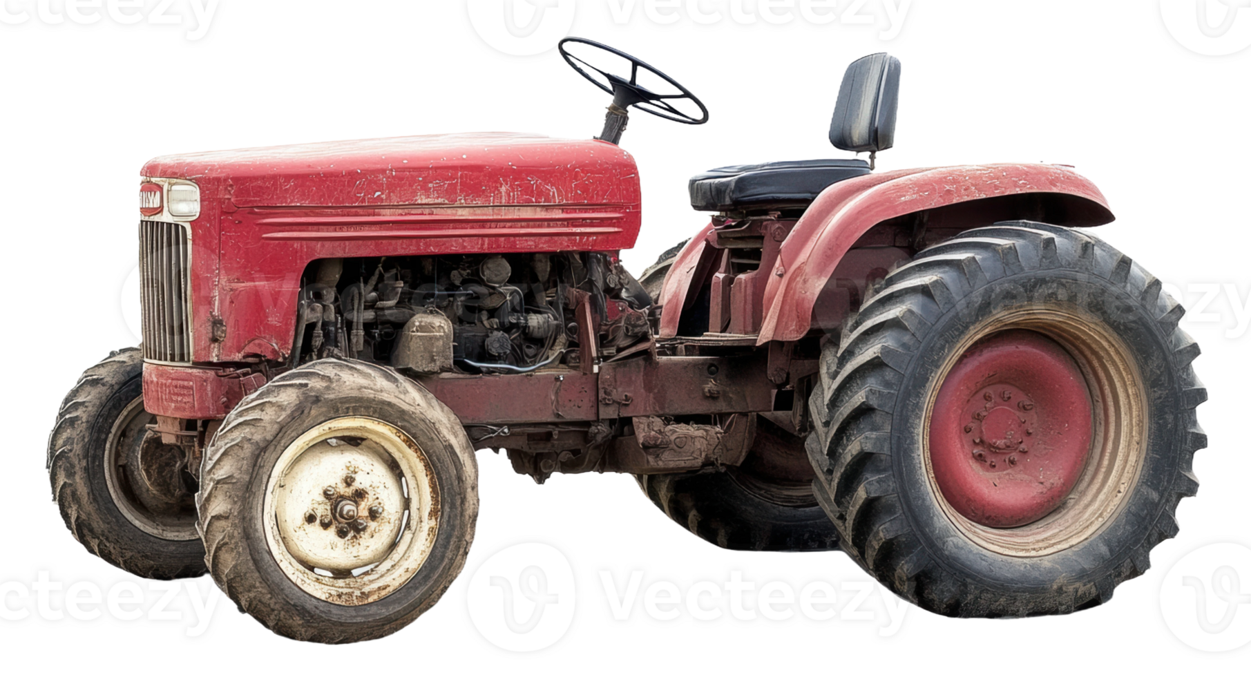 Old red tractor parked on farm during daylight hours, cut out - stock . png