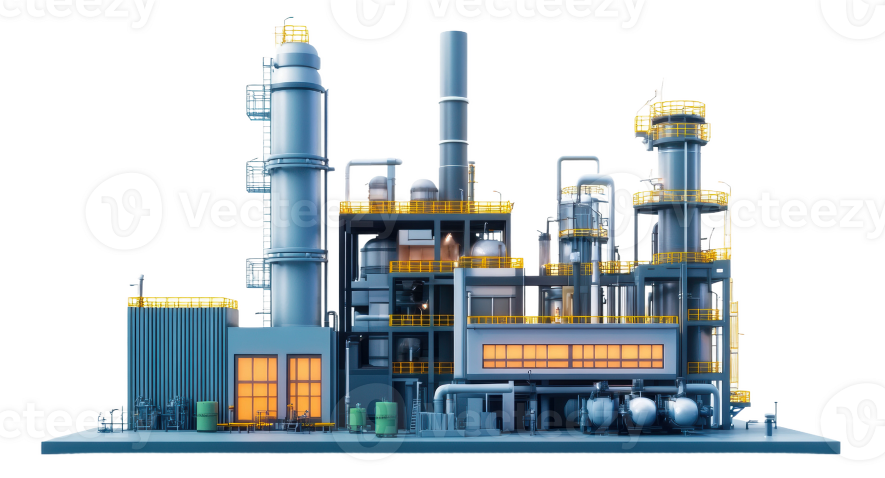 Industrial processing facility featuring large storage tanks and tall smokestacks during the daytime, cut out - stock . png