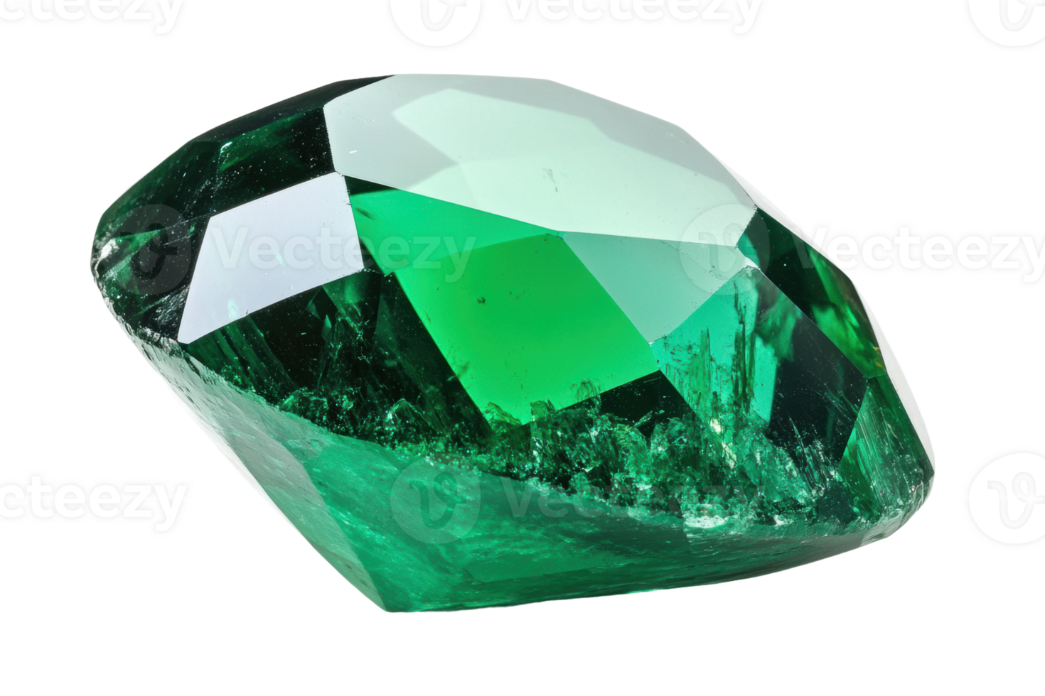 Shimmering emerald gemstone resting on a smooth surface with reflections highlighting its facets and vibrant green color, cut out - stock . png