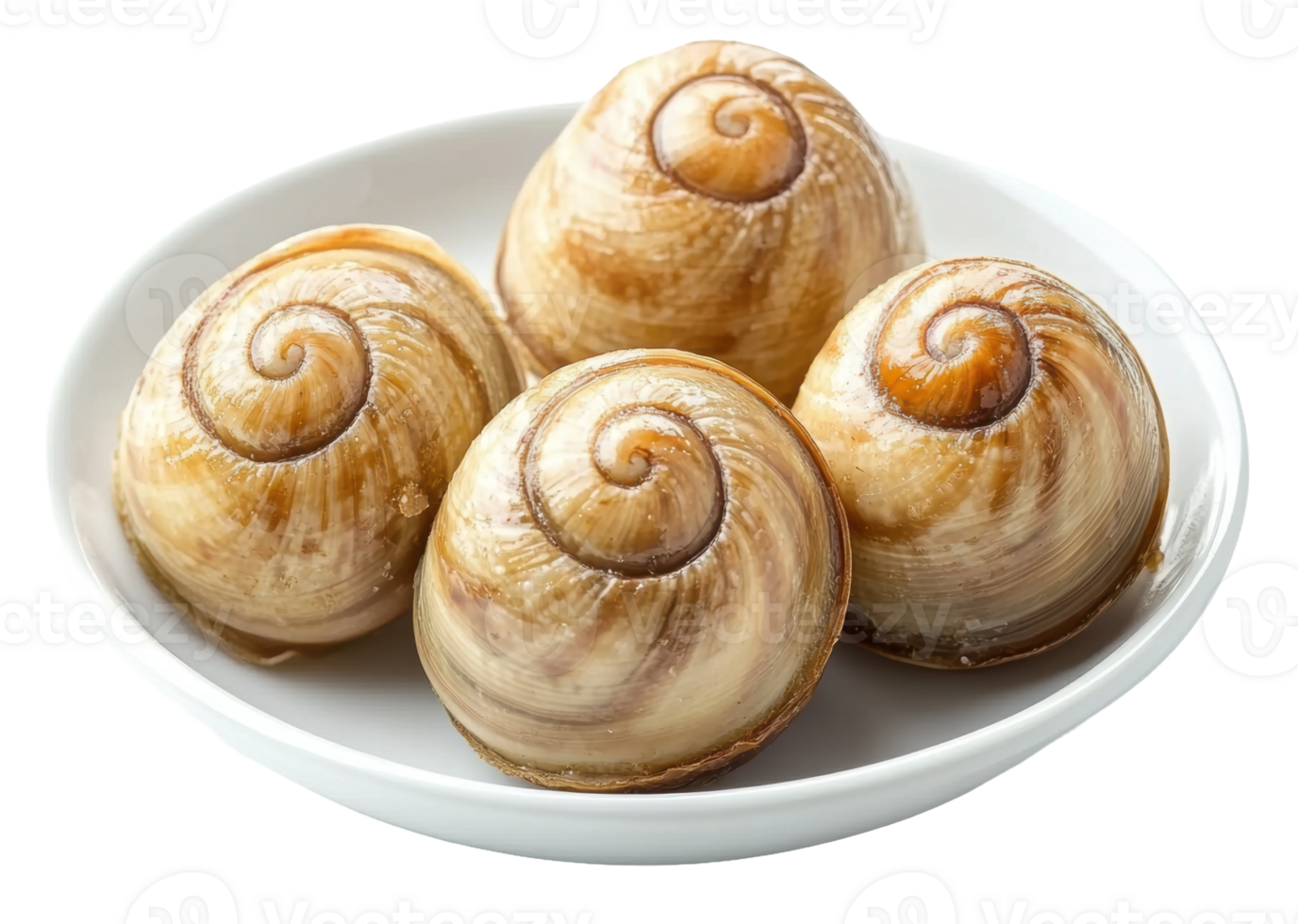 Freshly prepared spiral snails served in a white bowl, cut out - stock . png