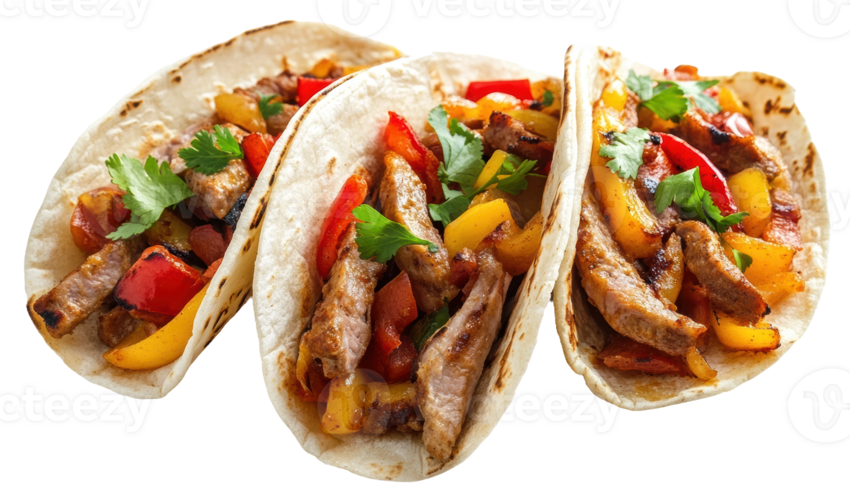Delicious tacos filled with grilled steak, colorful bell peppers, and fresh cilantro, cut out - stock . png