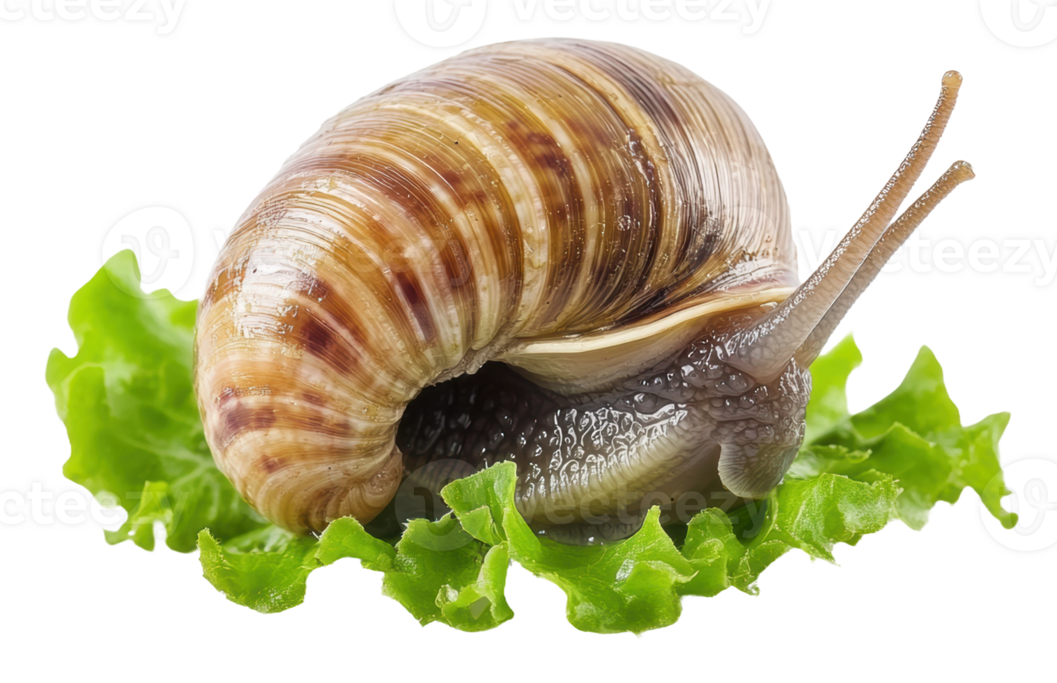 Snail on fresh green lettuce, showcasing its spiral shell and antennae in a natural setting, cut out - stock . png