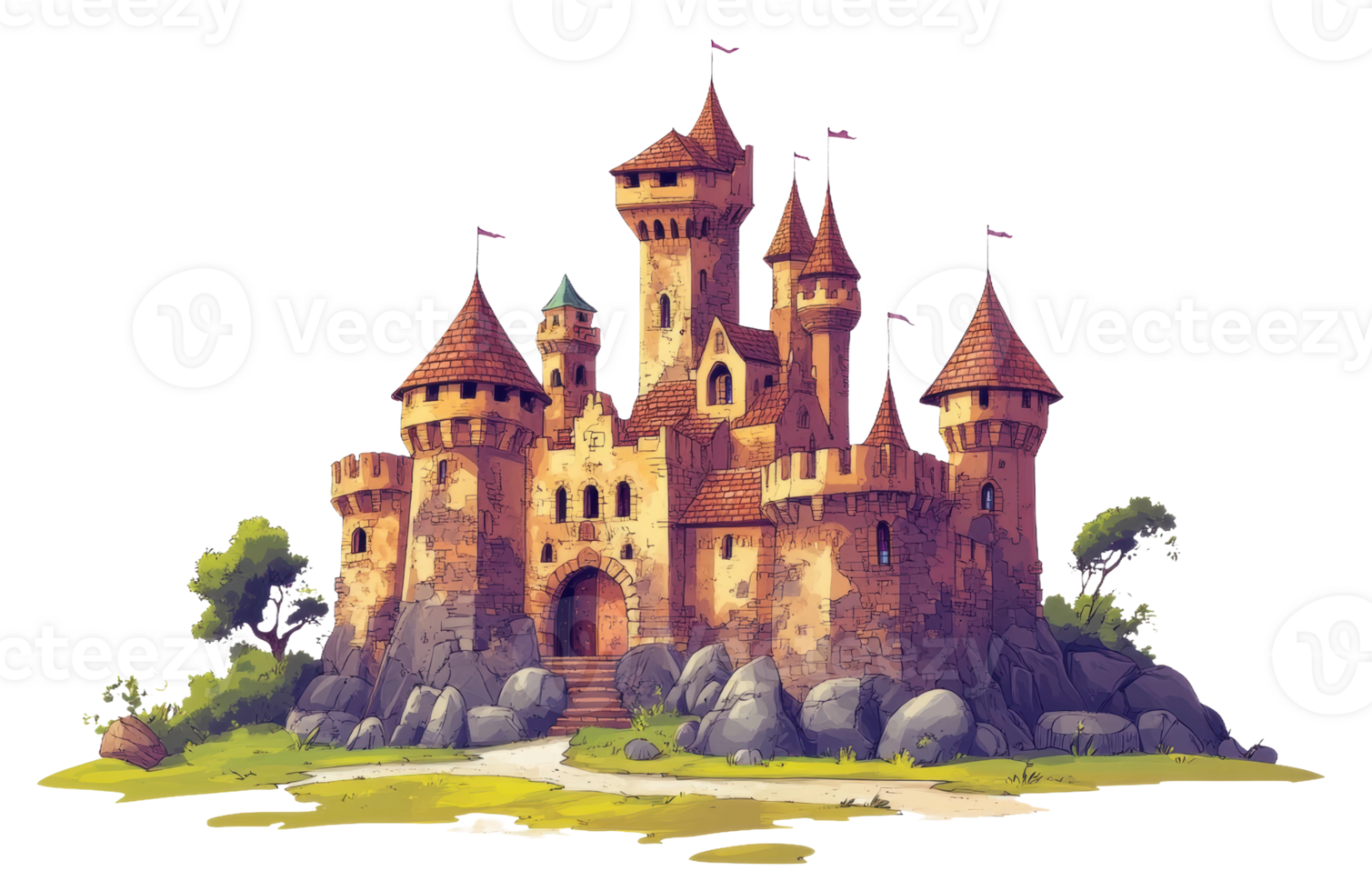 A whimsical medieval castle surrounded by greenery and rocks on a sunny day, cut out - stock . png