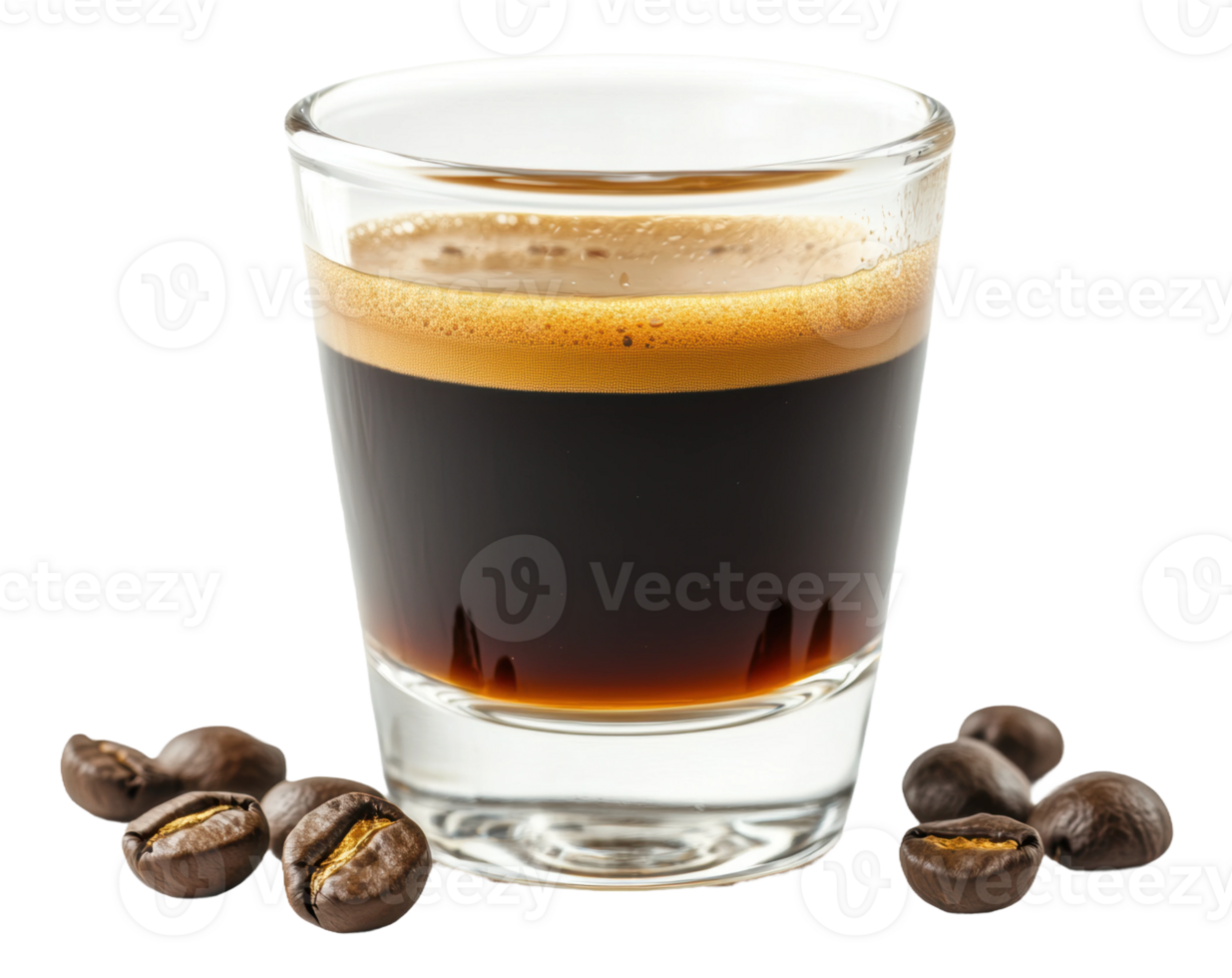 Freshly brewed espresso in a clear glass with coffee beans, cut out - stock . png