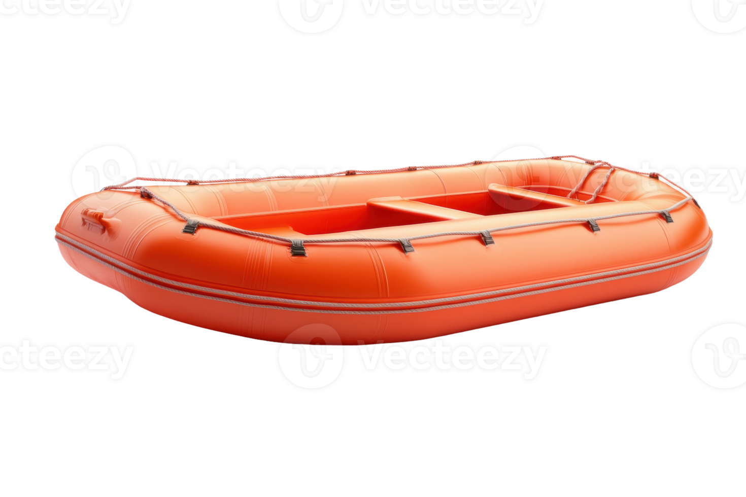 Inflatable orange raft for water sports on a sunny day at the lake, cut out - stock . png