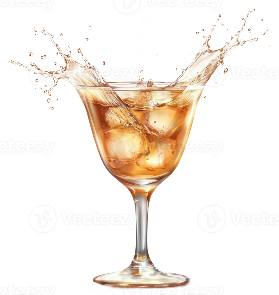 Cocktail with ice splashing in a glass, cut out - stock . png