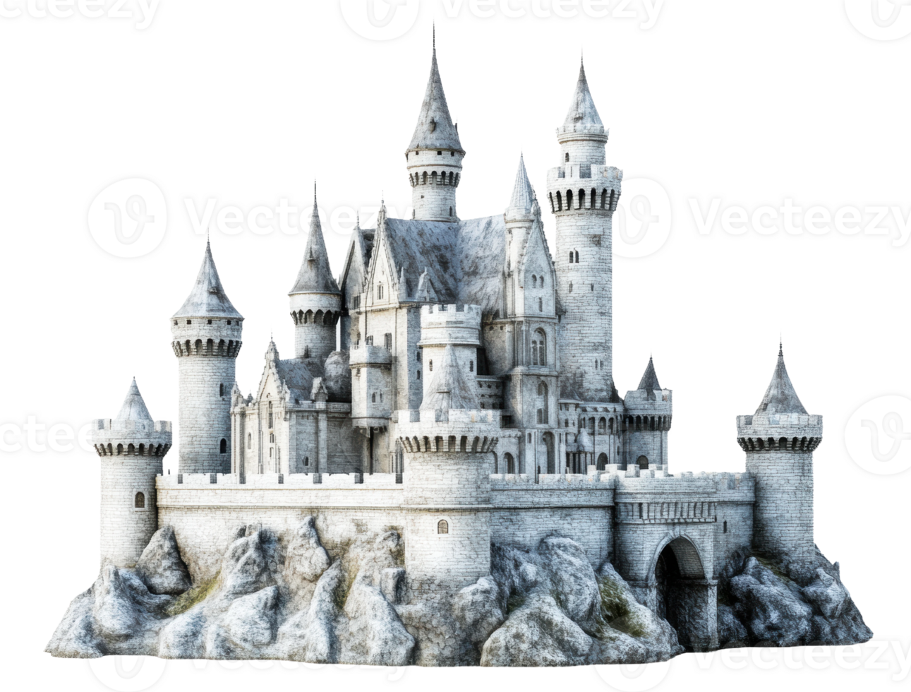 A majestic medieval castle on rocky terrain with multiple towers and an entrance bridge, cut out - stock . png