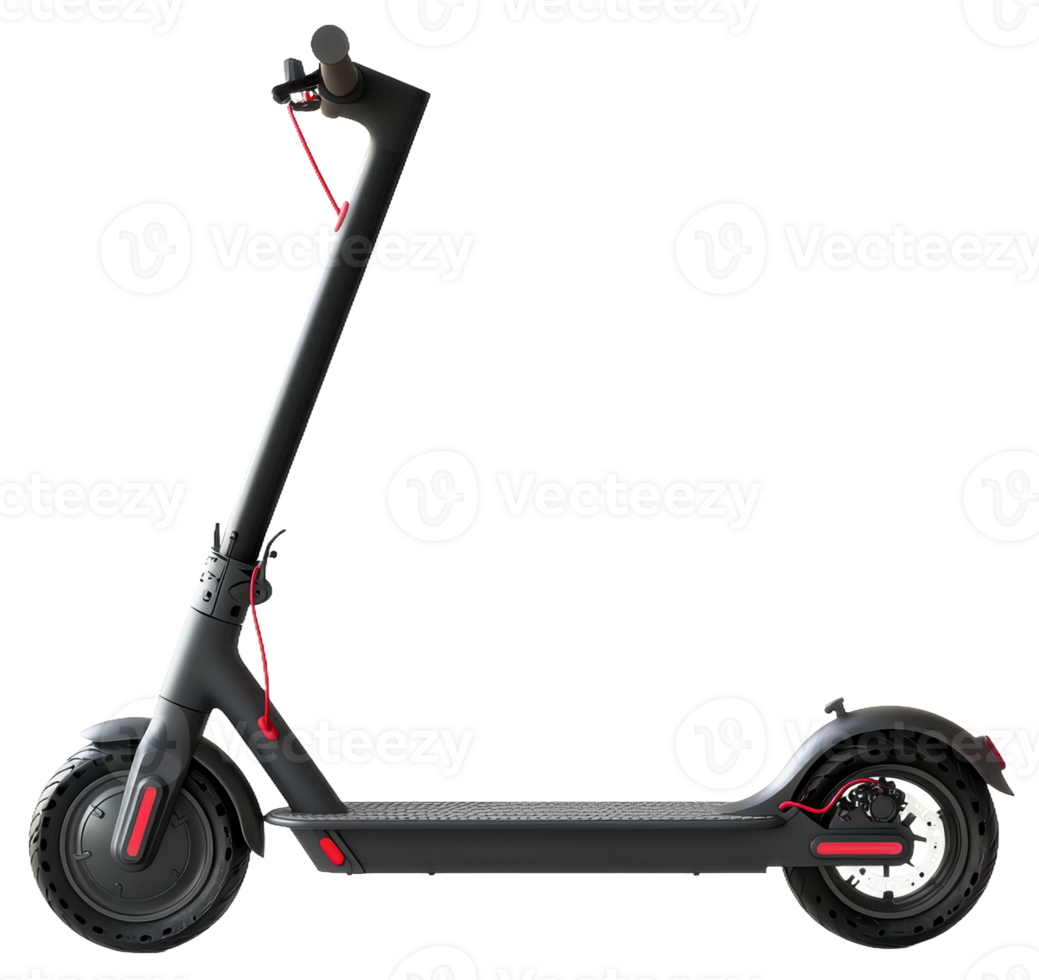 Electric scooter parked on a sidewalk in an urban environment during daylight hours, cut out - stock . png