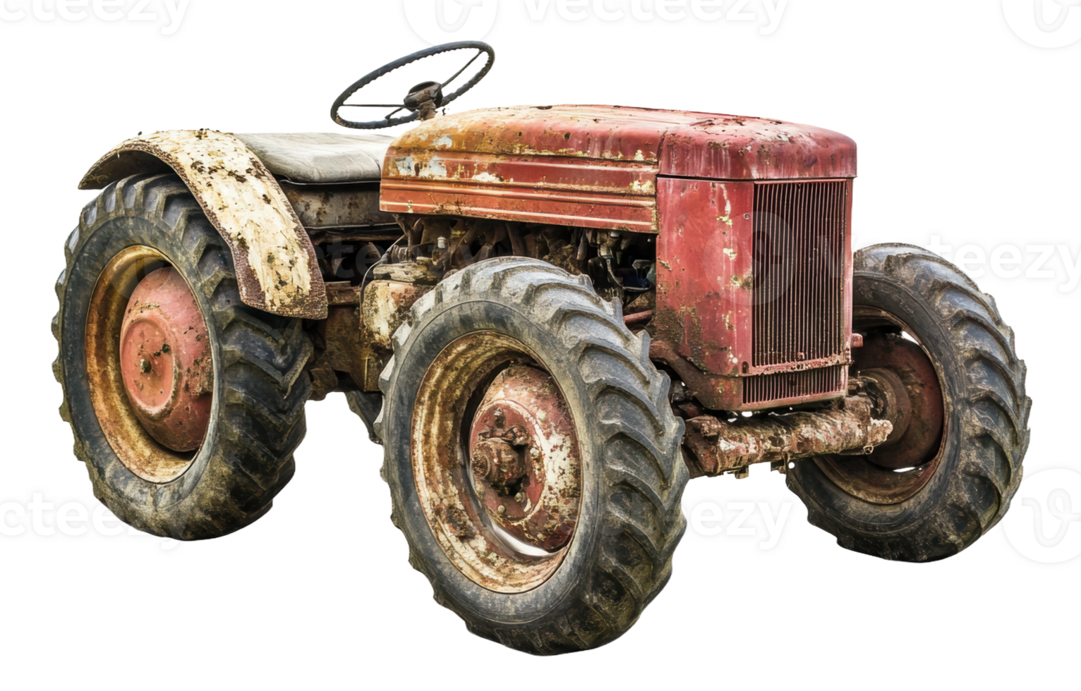 Rusty vintage tractor parked on a farm, showcasing weathered paint and worn tires during the afternoon, cut out - stock . png