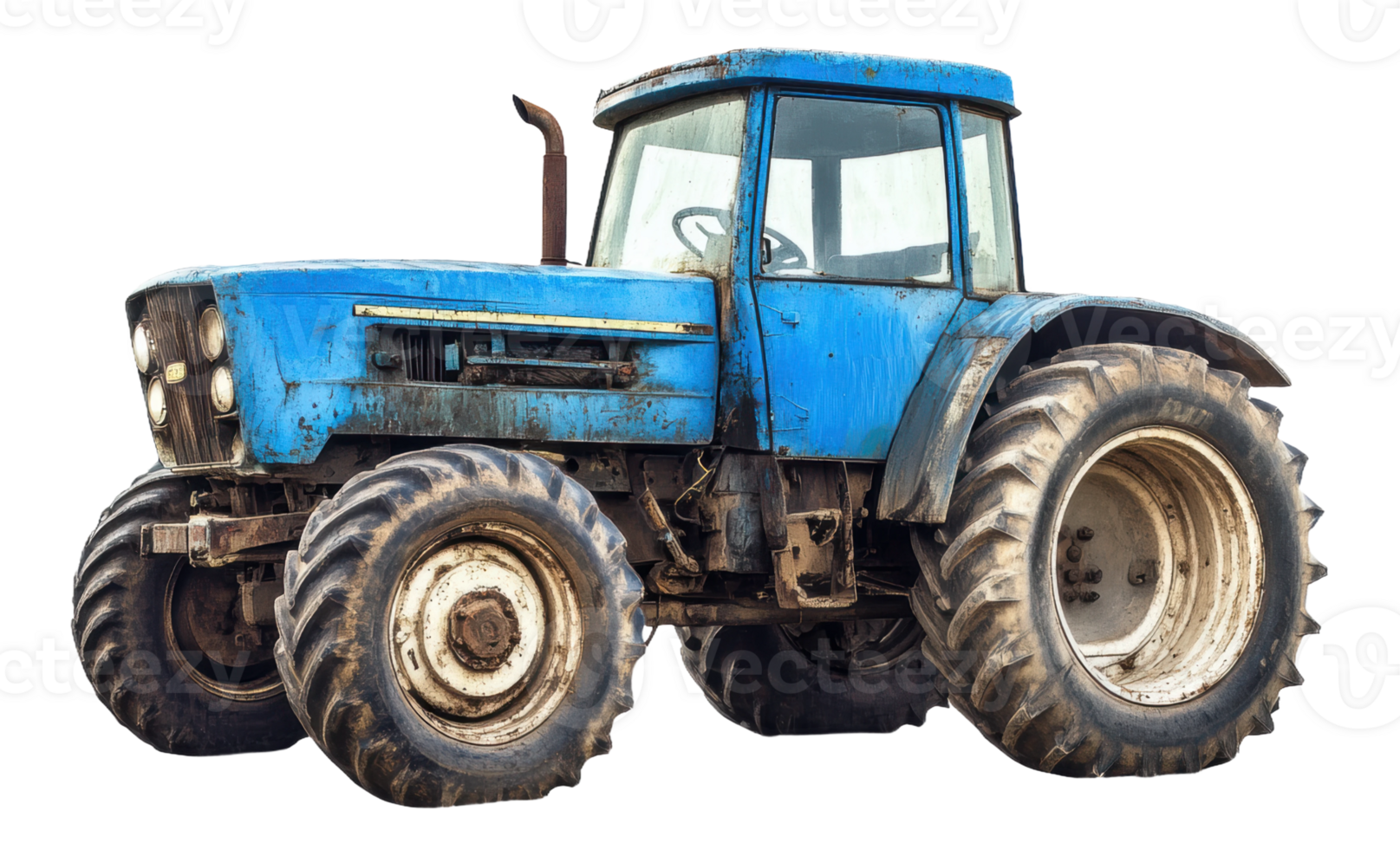 Old blue tractor parked in a rural field during the day, cut out - stock . png