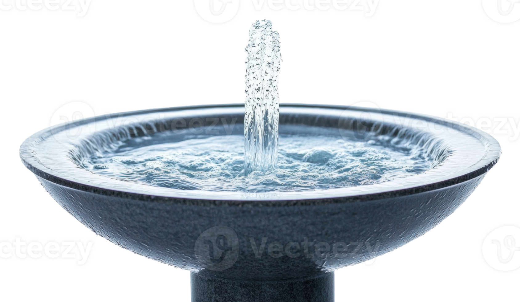 Water fountain with a steady stream in a decorative basin during a bright daylight setting, cut out - stock . png