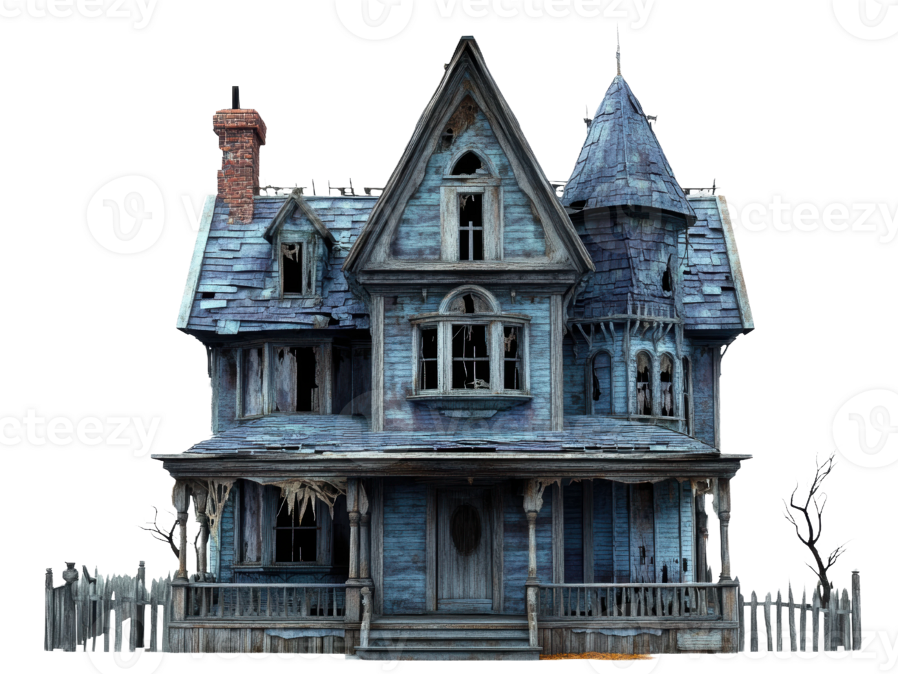 Abandoned blue house with broken windows and fence, cut out - stock . png