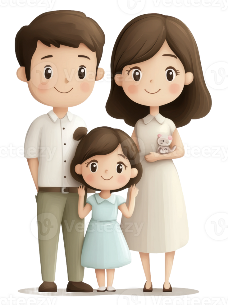 Family portrait of parents with daughter holding a toy, standing together in a cheerful pose, cut out - stock . png