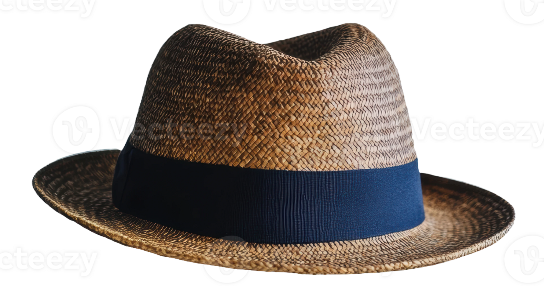 A stylish straw hat with a blue band, ideal for summer outings or beach days, cut out - stock . png