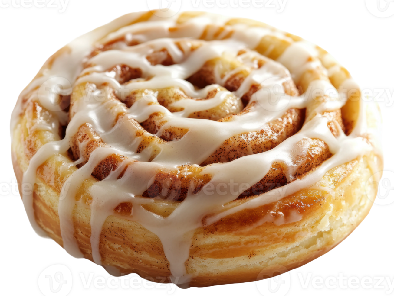Freshly baked cinnamon roll with icing on top, cut out - stock . png